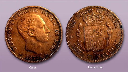 Monedas de 10 céntimos de Alfonso XII, conocidas como 'perras gordas', con las que se juega a las chapas